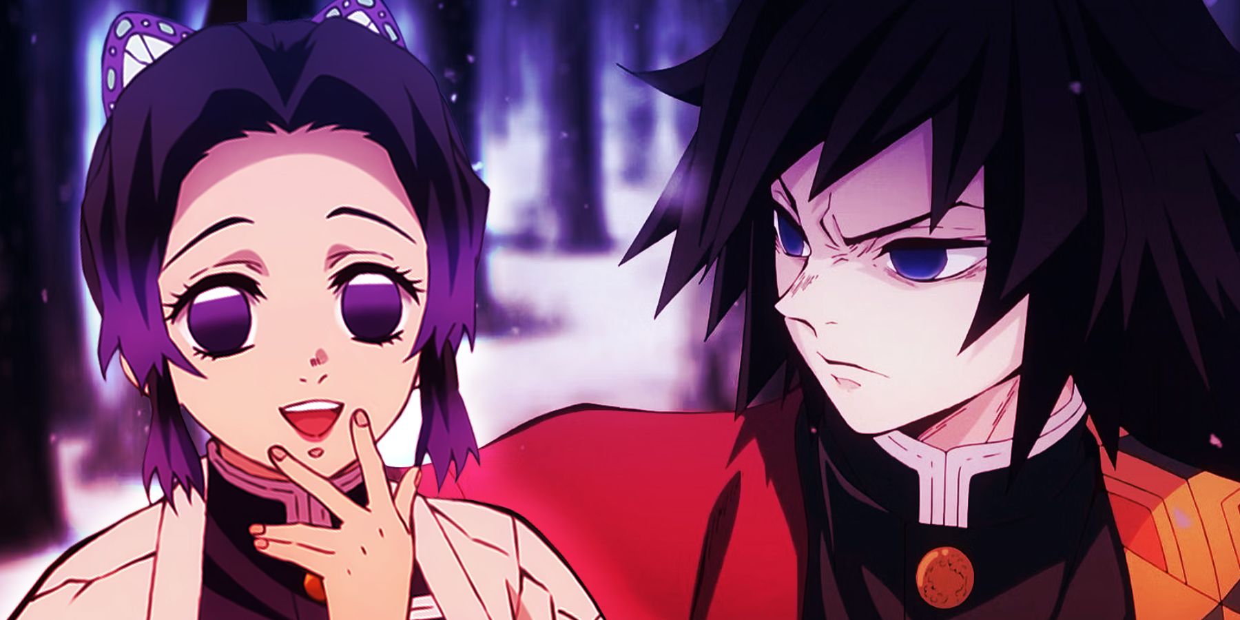 On the left, Demon Slayer's Shinobu looks surprised as she smiles and holds a hand up to her mouth. On the right, Gyu scowls.