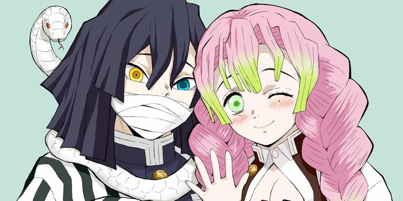 Obanai and Mitsuri stand together and wave in Demon Slayer.