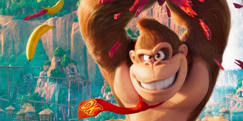 Donkey Kong smiles and smashes a barrel in The Super Mario Bros Movie