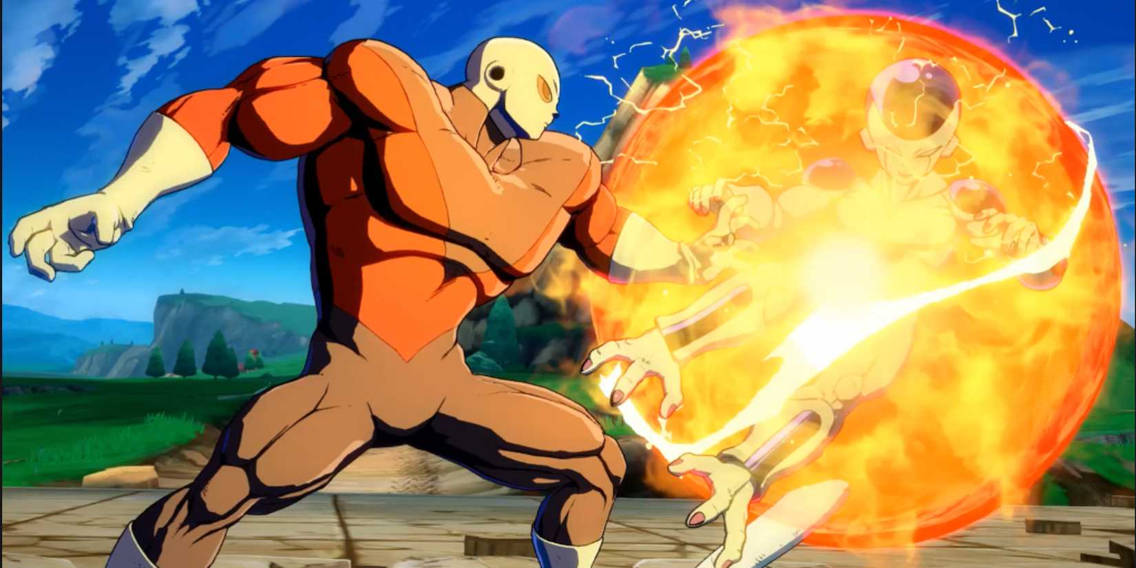 Jiren releases a Magnetron Cannon attack on Frieza in Dragon Ball FighterZ.