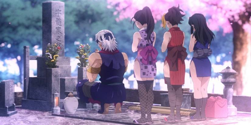 A flashback scene in Demon Slayer shows Tengen Uzui and his three wives bowing before a gravestone.