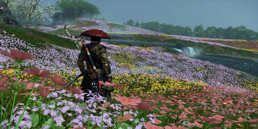 Jin Sakai stands in a colorful and flowery field in Ghost of Tsushima.
