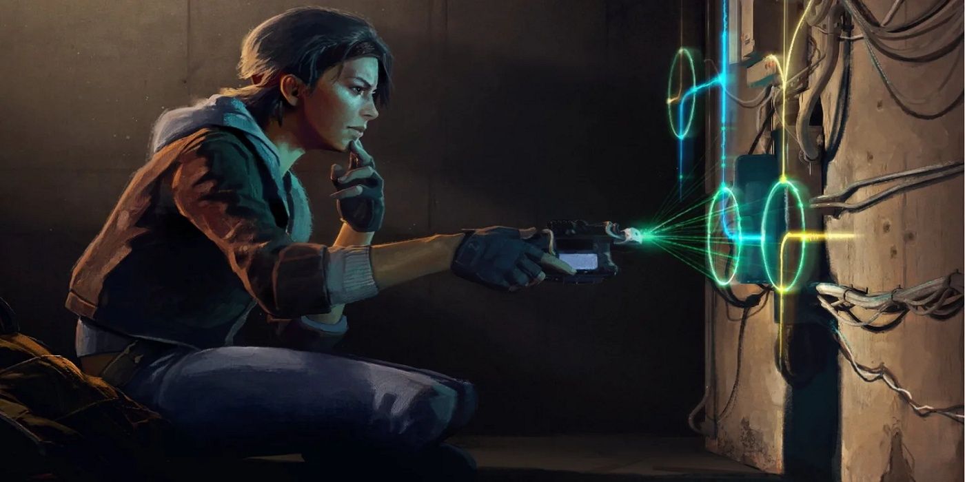 Alyx Vance crouched at a door in Half-Life: Alyx VR game.