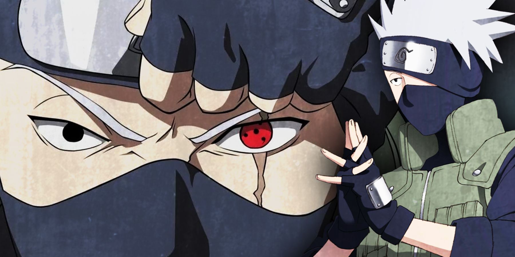 Kakashi shows his sharingan eye. 