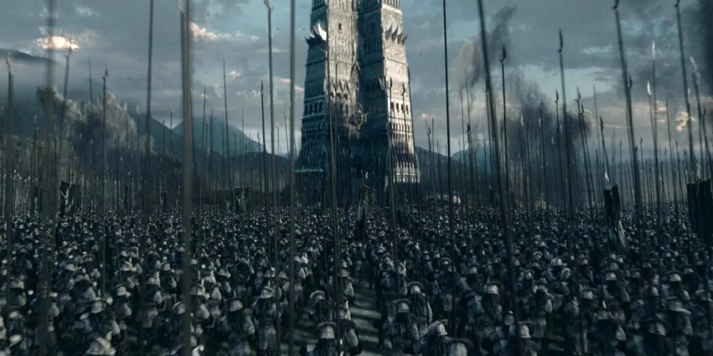 Isengard surrounded by an army of Orcs in The Lord of the Rings