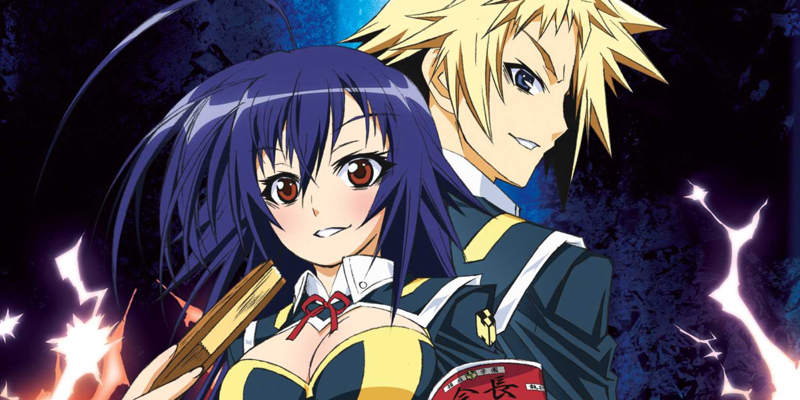 Medaka Kurokami and Kouki Akune from Medaka Box in front of a dark background with lightning.