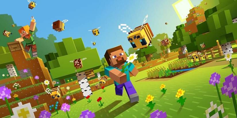 Steve walks along a field with Alex climbing in the background in key art for Minecraft