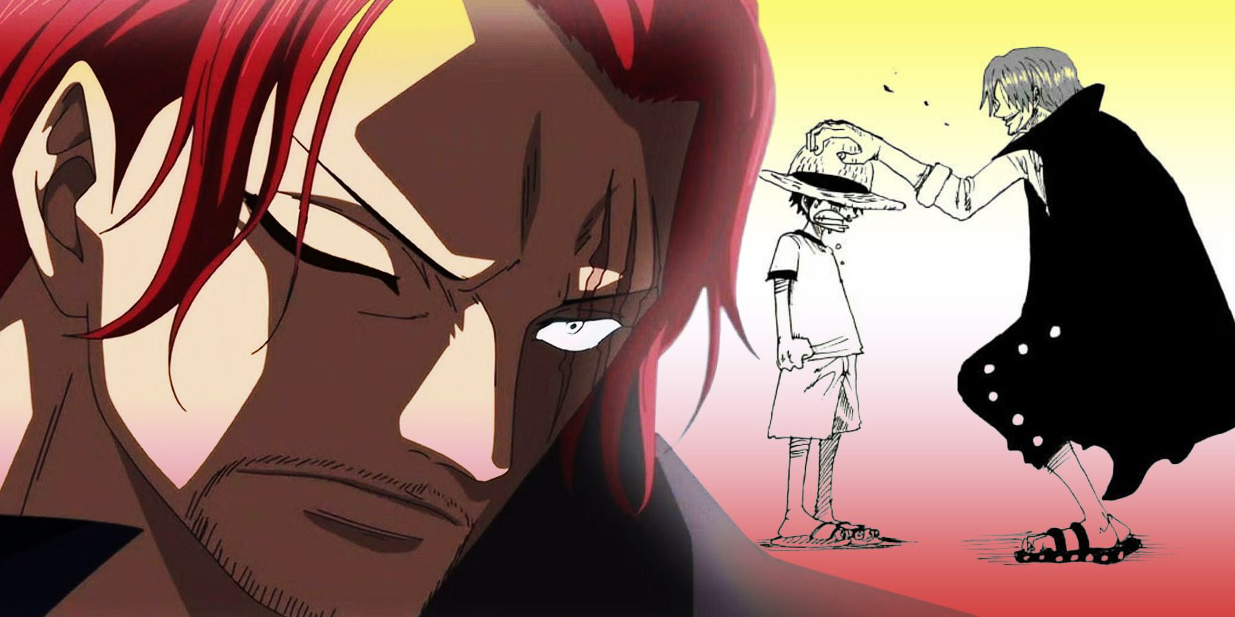 On the left of this image, Shanks glares into the distance. On the right of this image, a manga illustration shows Shanks putting his straw hat on a young Monkey D. Luffy.