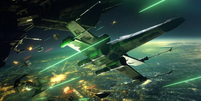 An X-wing dodging laser fire from a TIE Fighter in Star Wars: Squadrons game