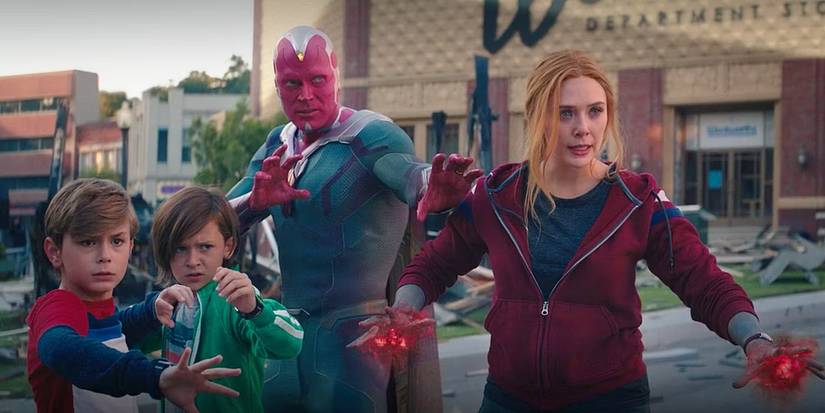 Billy and Tommy prepare to fight Agatha Harkness alongside their parents, Vision and Scarlet Witch in WandaVision.