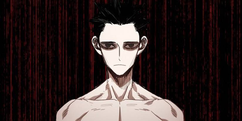 Yu from The Boxer Manhwa shirtless standing in front of a red and black striped background.