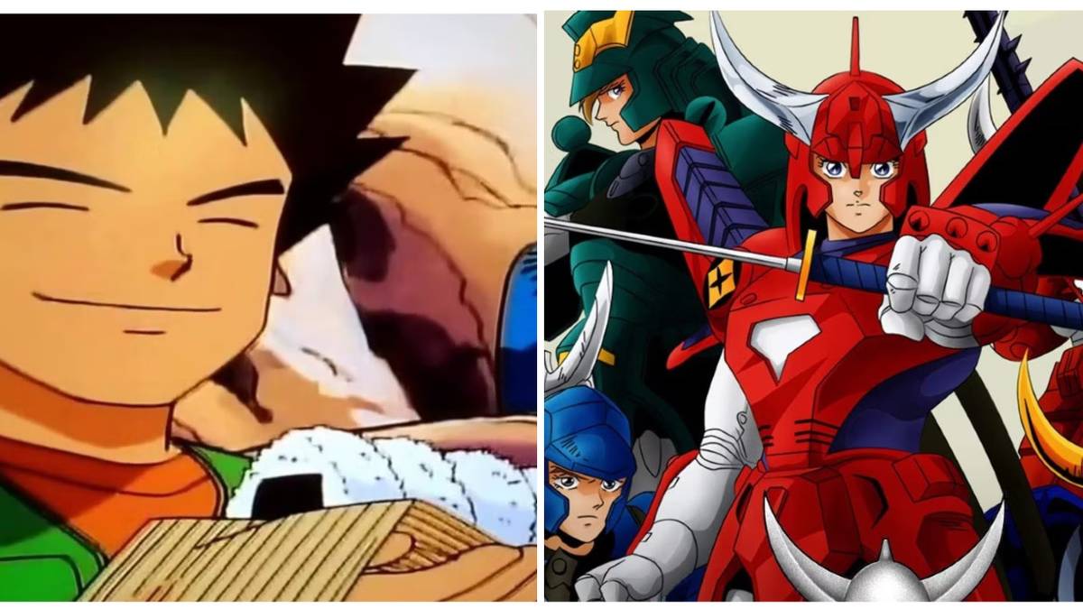 Split image of Brock holding food in Pokemon and Ronin Warriors anime