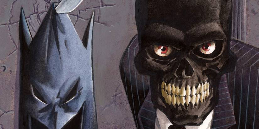 Black Mask grimacing at the viewer. Behind him, Batman's cowl has been pinned to the wall with a knife.