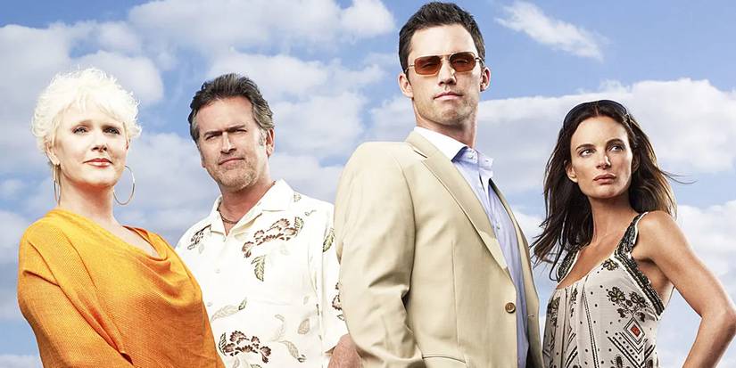 Burn Notice's Michael Westen, Sam Axe, Madeline Westen, and Fiona Glenanne, are seen beside clouds.