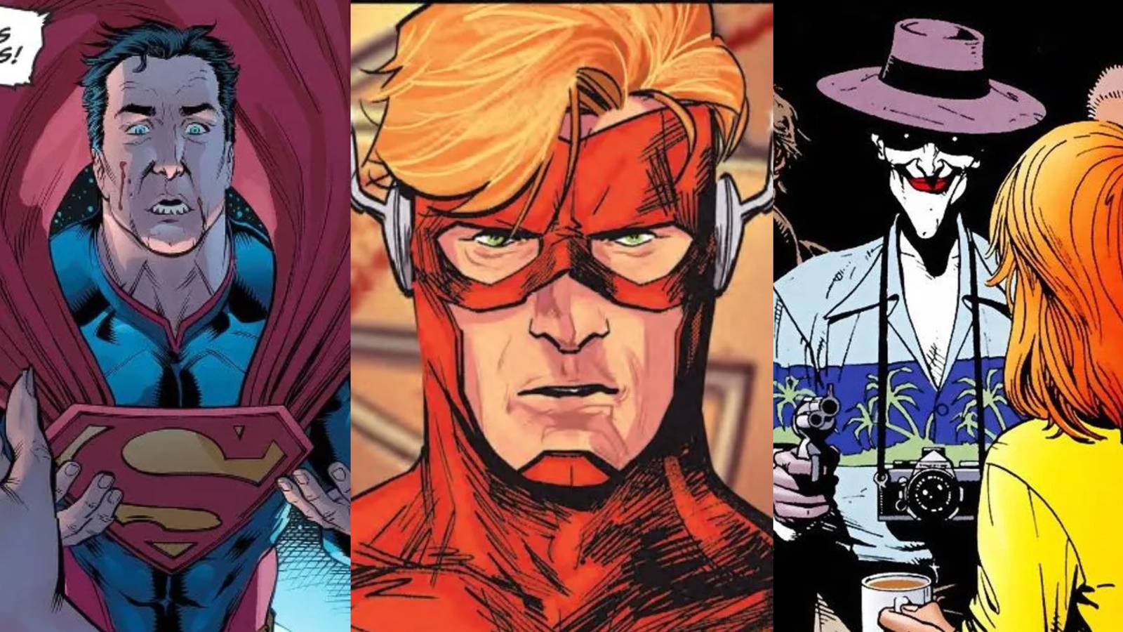 Split image Injustice Superman, Wally West flash, Joker in front of Barbara Gordon