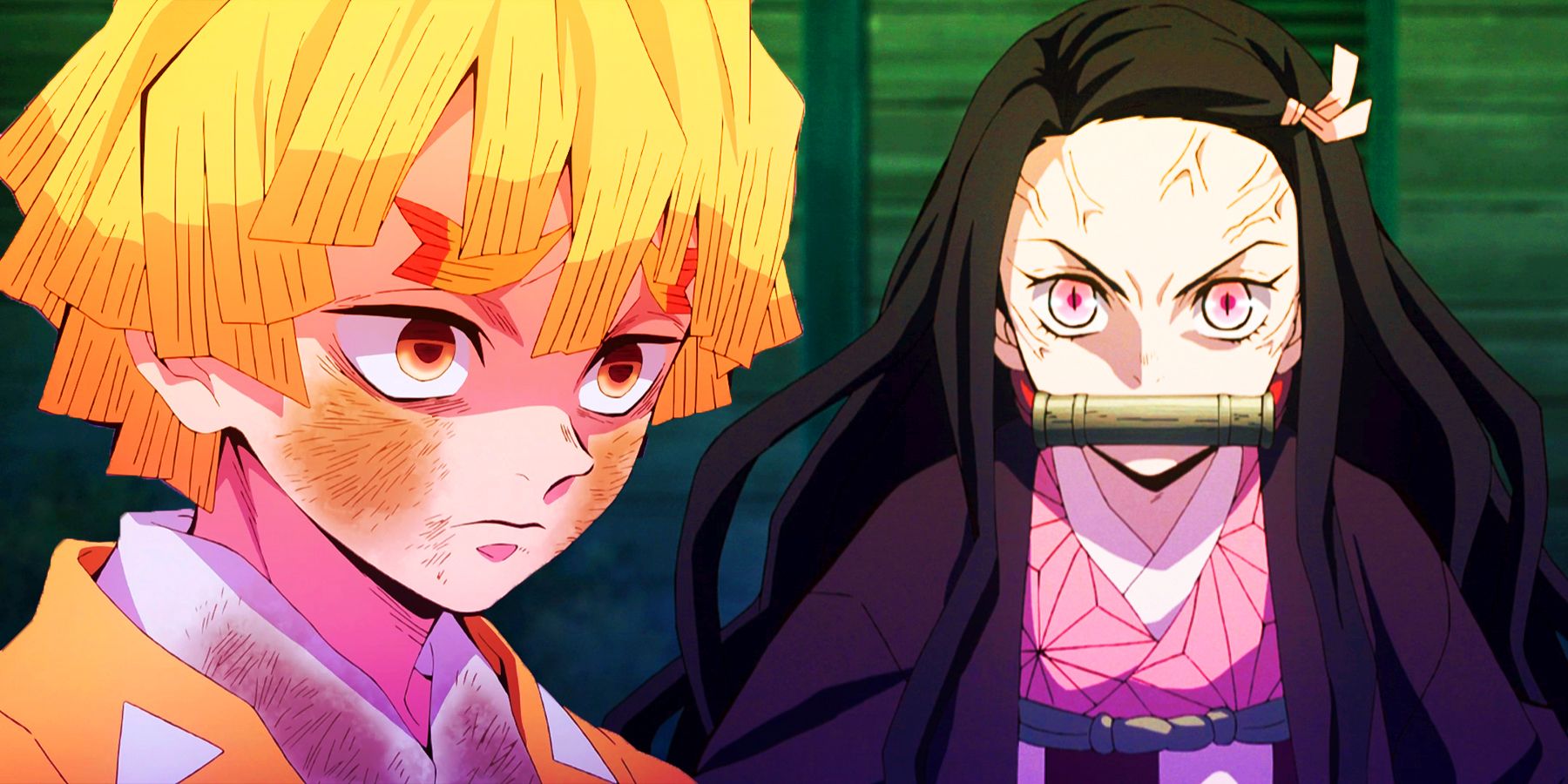 Images of Zenitsu Agatsuma and Nezuko Kamado from the anime Demon Slayer are depicted next to each other.