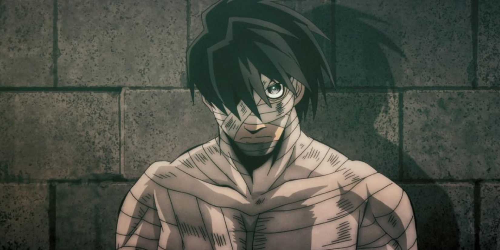 Shimazu Toyohisa gives an intimidating glare, covered in bandages, in Drifters.