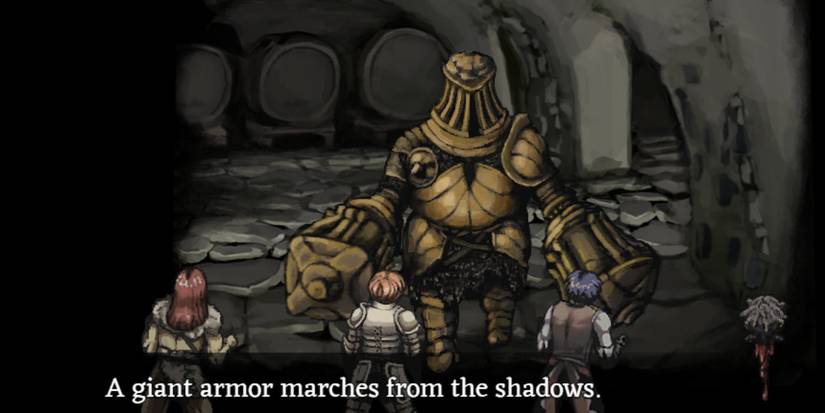Fear & Hunger - A giant set of gold armor approaching the party