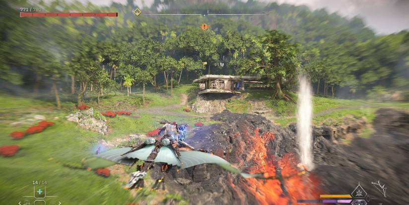 Horizon Forbidden West Burning Shores- Aloy flies towards a ruined mansion above a volcano