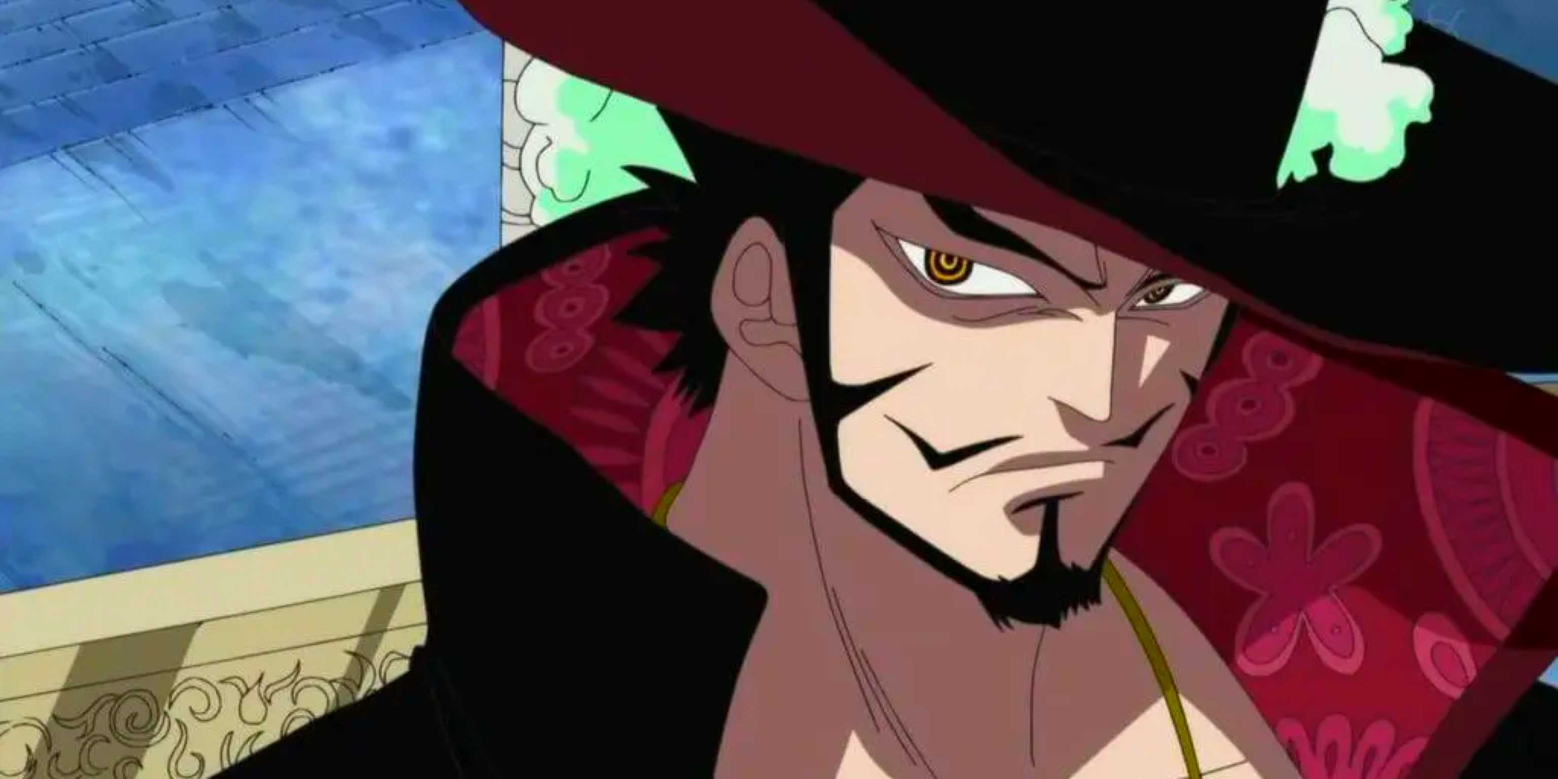 A close-up of Dracule Mihawk with a serious expression in the One Piece anime.