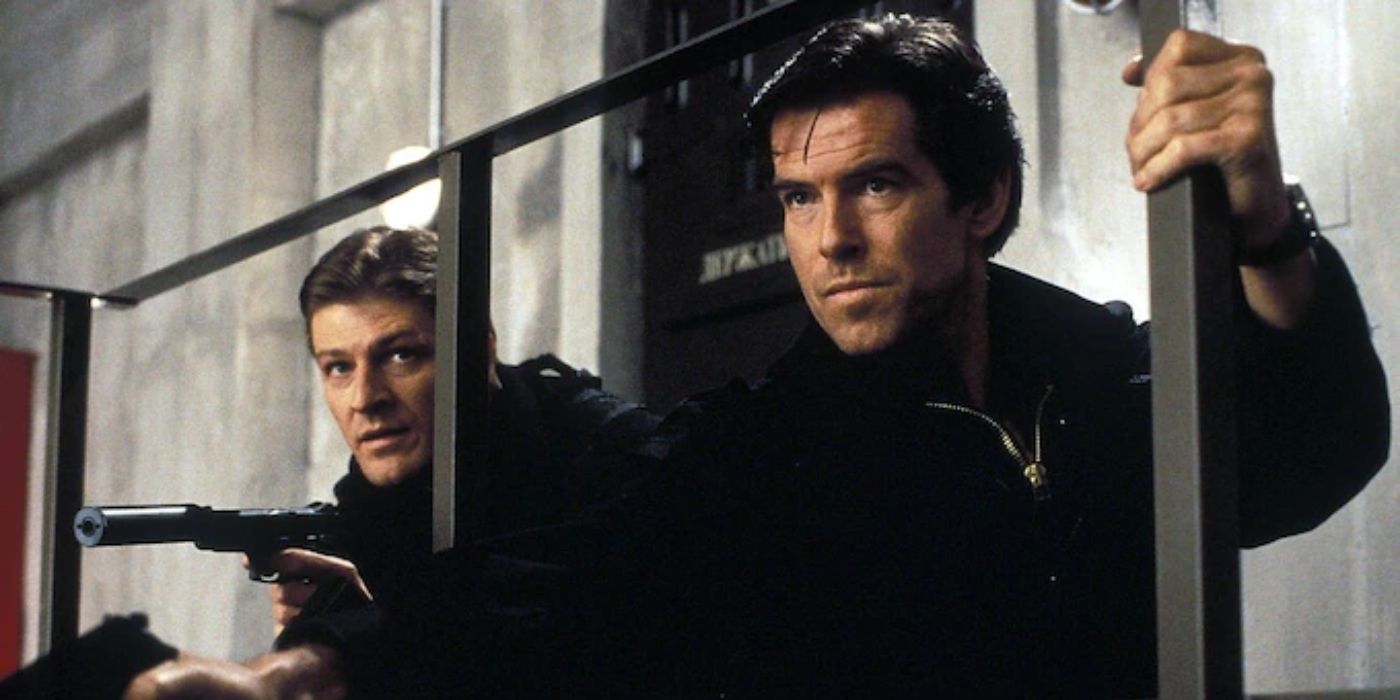 Sean Bean's Alec Trevelyan and Pierce Brosnan's James Bond kneeling with guns in GoldenEye.