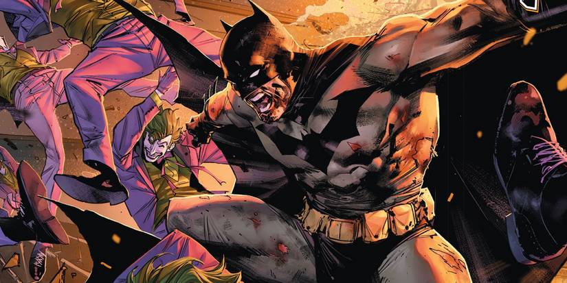 Batman fights off a crowd of Jokers. 