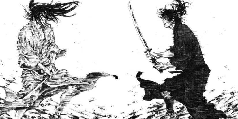 Kojiro e Musashi de repente se virando um para o outro no campo de batalha.
