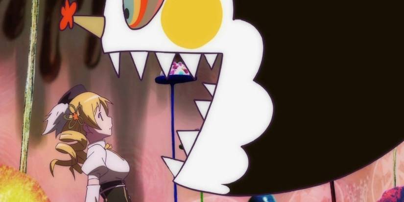Mami Tomoe about to be killed by a witch in Madoka Magica: Beginnings.