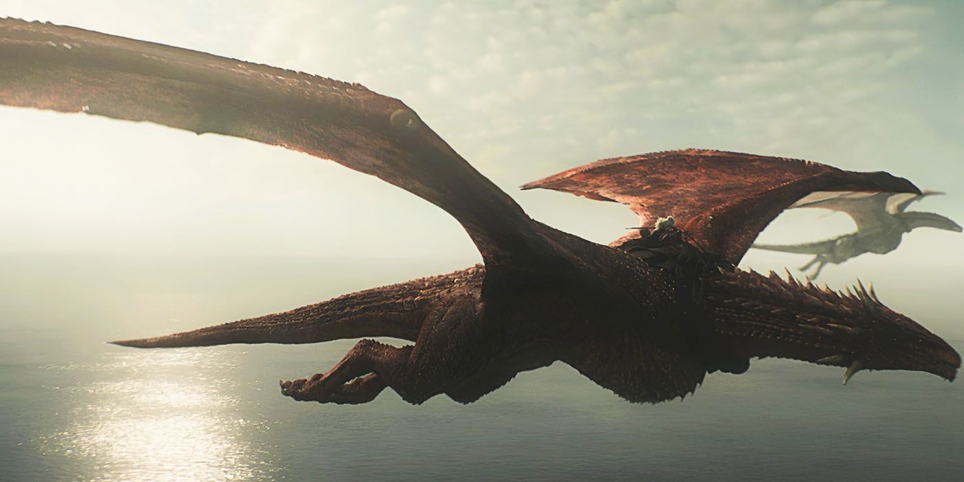 Princess Rhaenys Targaryen (Eve Best) rides her dragon Meleys the Red Queen.