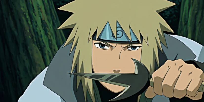 Minato Namikaze tient une de ses lames de kunai emblématique sur son visage.