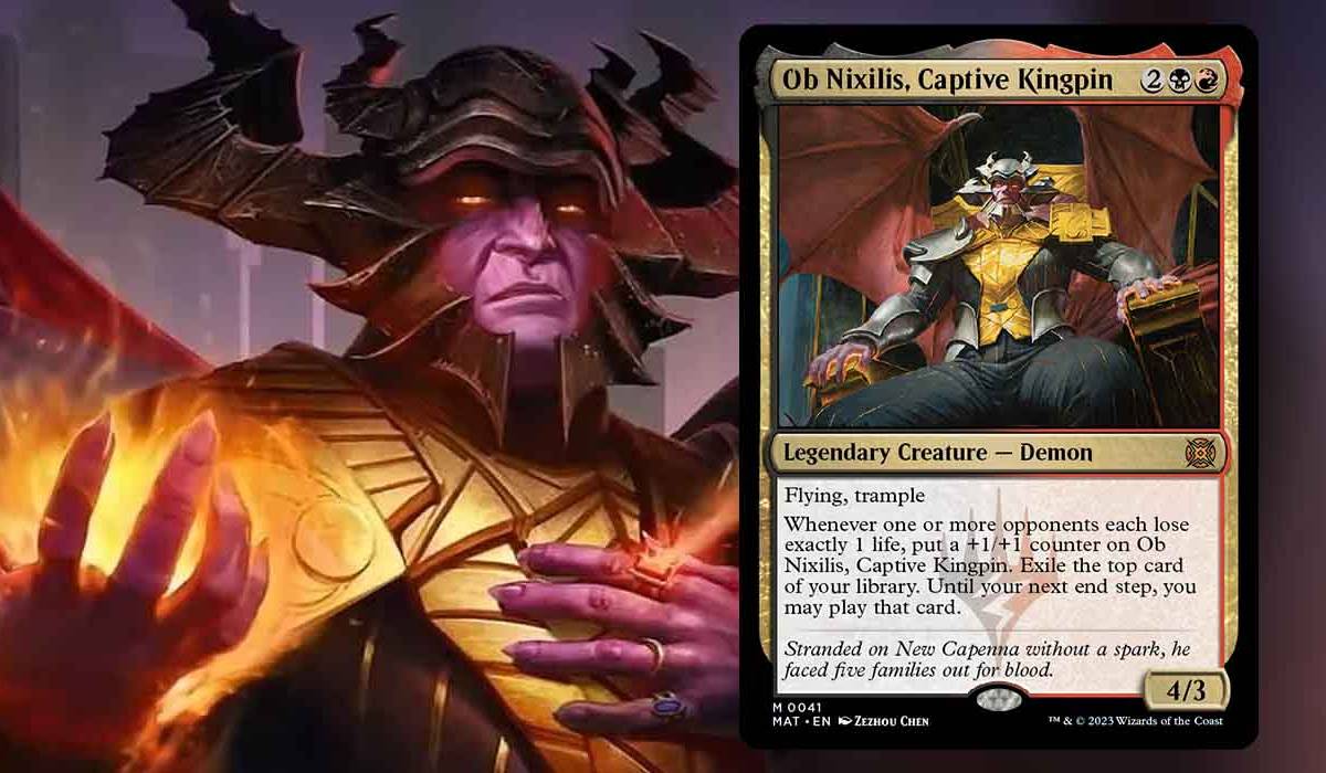 kingpin mtg card Ob Nixilis, Captive Death by a Thousand Pings Magic Comman 5/6 Illustrated by Kieran Yanner. The Kingpin of Crime (#374)