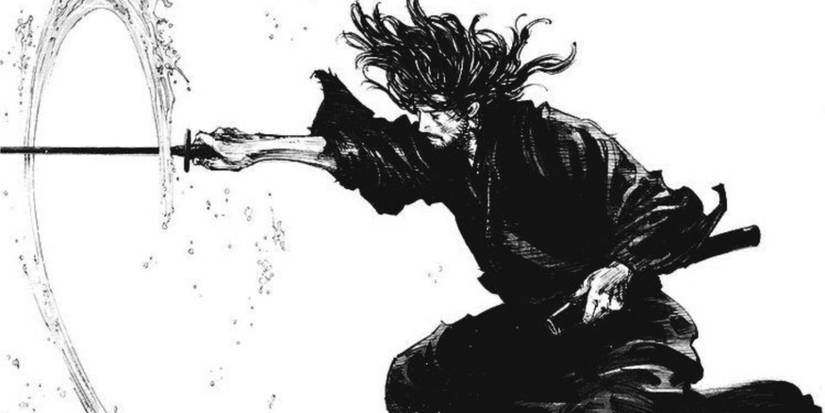 Treinamento de espada Musashi com água em Vagabond.