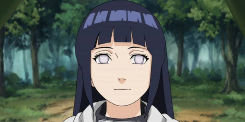 Hinata has a small smile with a forest background in Naruto.