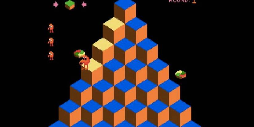 A multi-coloured pyramid in Qbert gameplay.