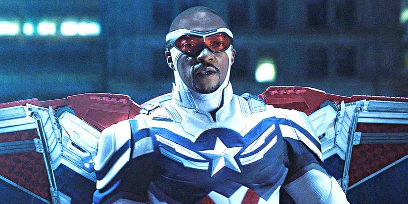 Sam Wilson (Anthony Mackie) as Captain America stands aghast with his wings spread.