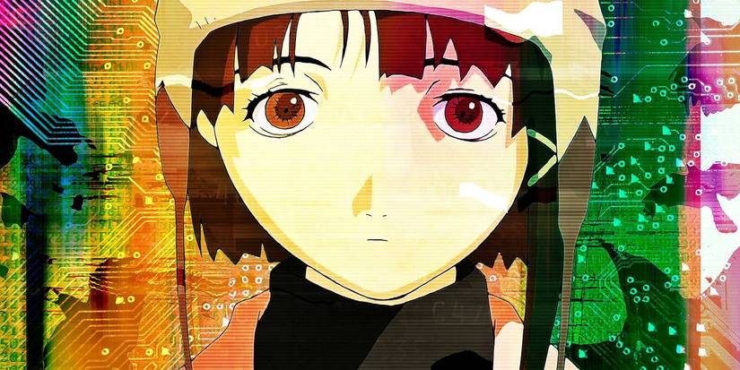 lain from serial experiments lain, looking forward with technology behind her.