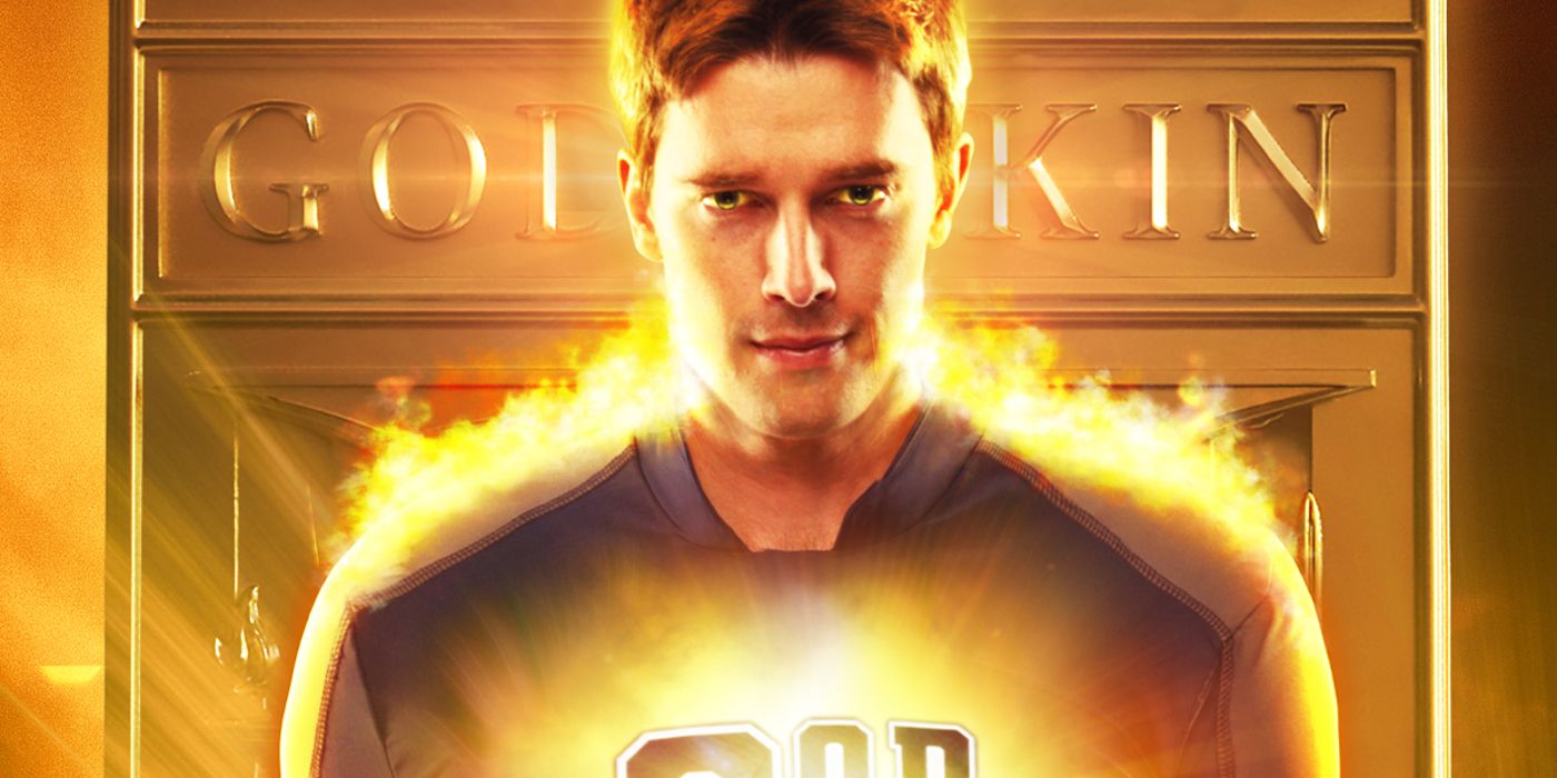 patrick schwarzenegger as he appears in the boys gen v as Golden Boy standing in front of a sign for the fictional godolkin university