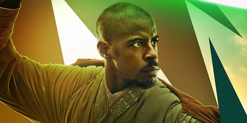 Jedi Kelleran Beq (Ahmed Best) holds a green lightsaber on a poster for The Mandalorian Season 3.