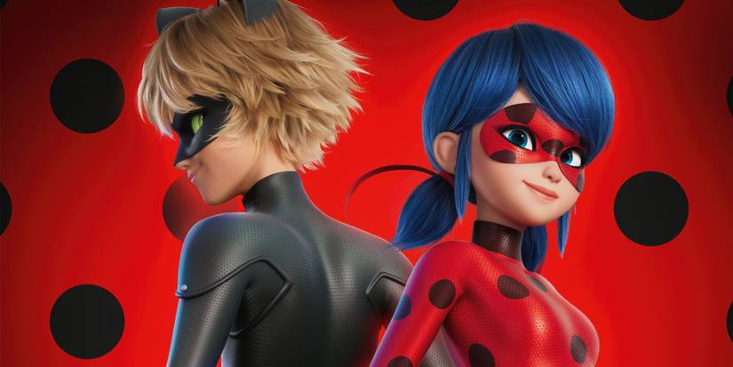 Ladybug and Cat Noir standing back-to-back against a ladybug pattern backdrop in Miraculous Ladybug.