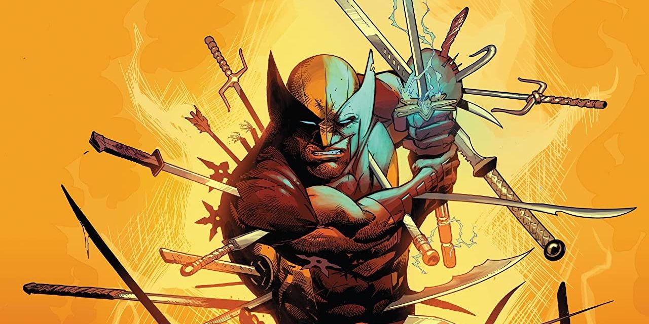 Wolverine segurando uma espada e perfurado por muitas espadas na capa de Wolverine #6 da Marvel