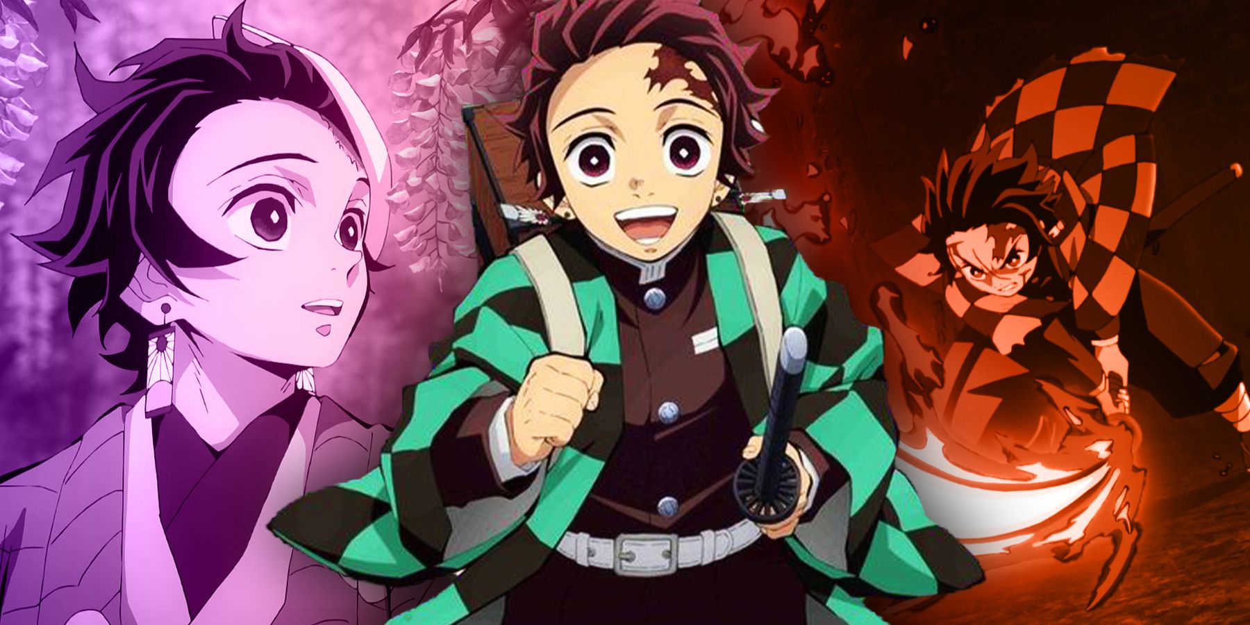 Tanjiro of Demon Slayer running, fighting and smiling 