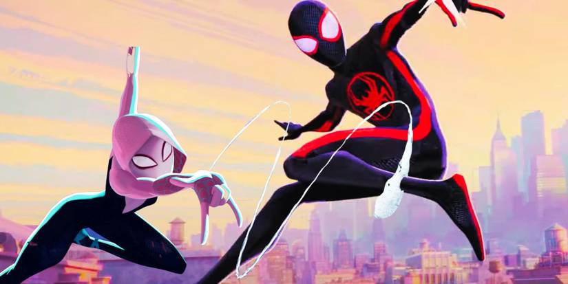 A combined image of Miles Morales's Spider-Man and Gwen as Spider-Woman in Across the Spider-Verse.