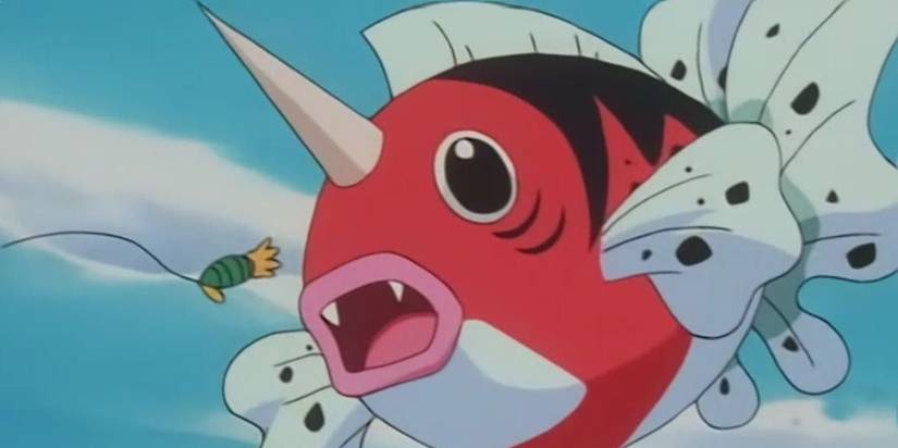 A Seaking from Pokemon being caught on a fishing line