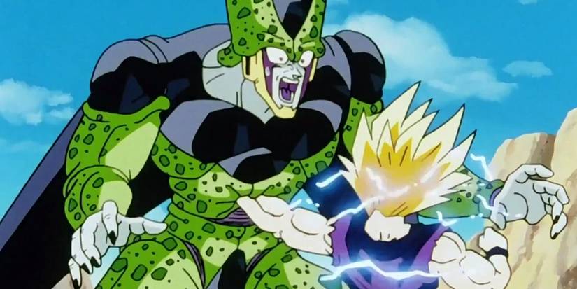 Perfect Cell gets punched by Super Saiyan Gohan in Dragon Ball Z.