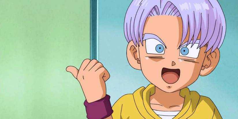 Trunks points backwards with his thumb in Dragon Ball
