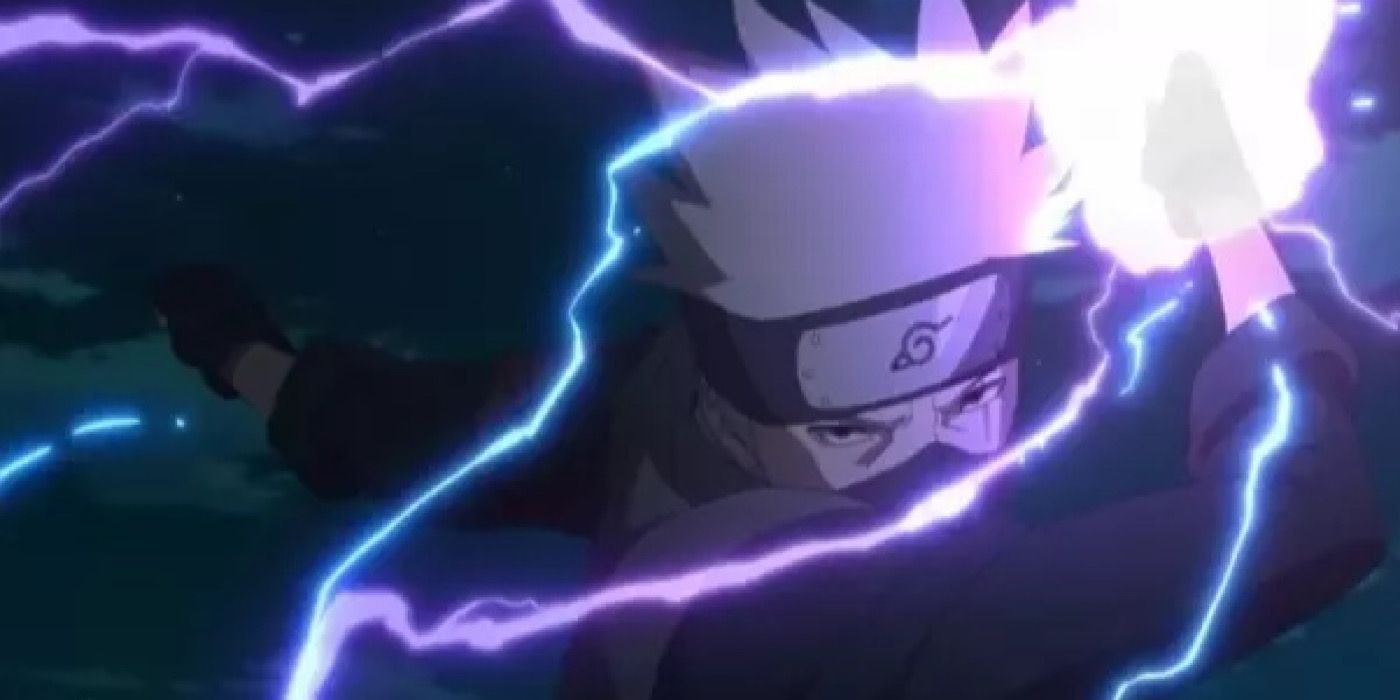 Naruto's Kakashi about to slash with purple lightning on his right hand