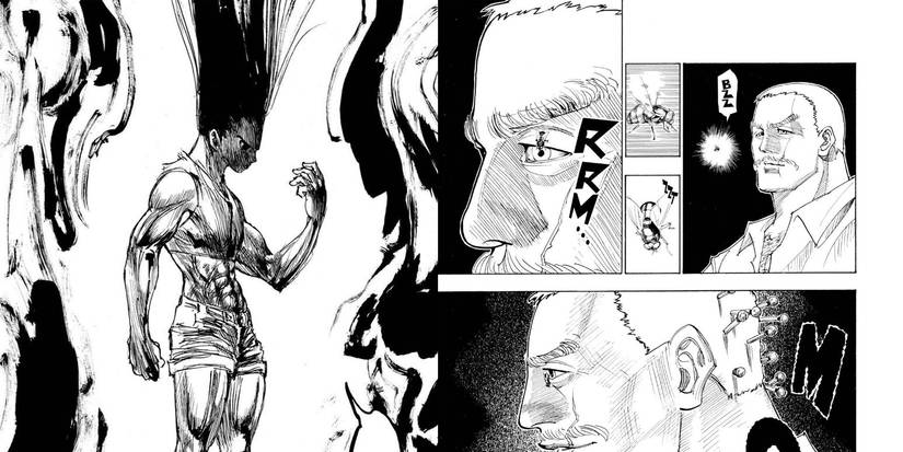 Gon stands in profile and a fly lands on a mobster's eye in Hunter X Hunter