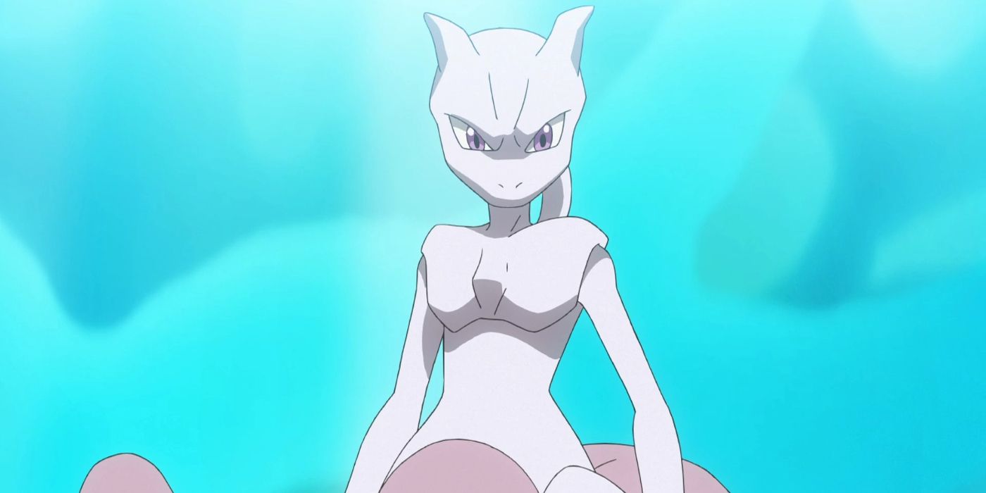 Mewtwo posa a través de un cielo azul en el anime Pokémon