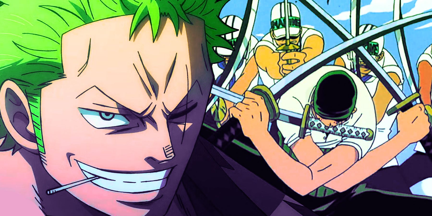 On the left side of this image, One Piece's Roronoa Zoro is grinning with a toothpick in his mouth. On the right side, he has his bandanna on and is fighting marines.