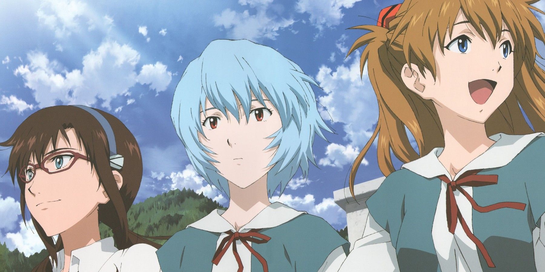Mari, Rei dan Asuka berseragam sekolah tersenyum dalam film anime Evangelion